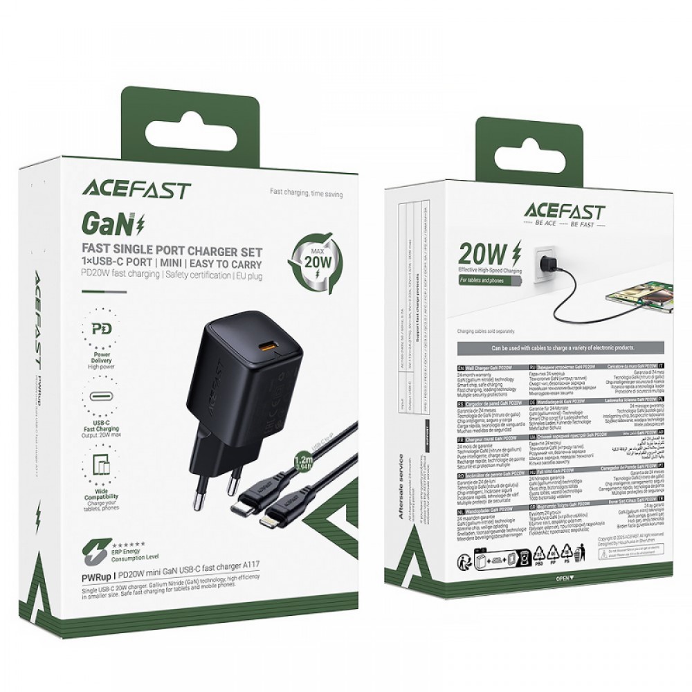 СЗУ Acefast A117 mini PD20W GaN (1USB-C) + кабель Type-C to Lightning
