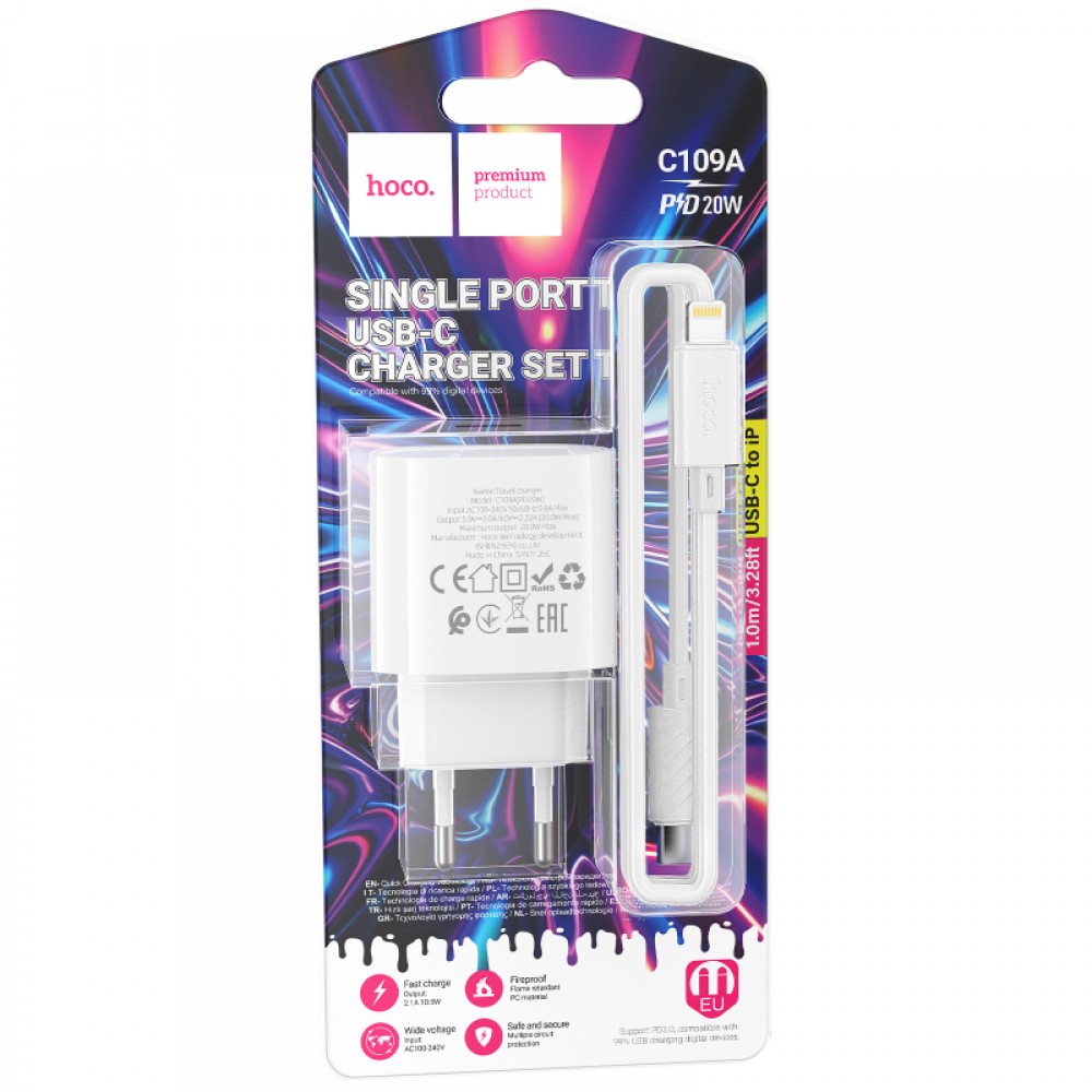 МЗП Hoco C109A Fighter PD20W+QC3.0 (1USB-A/1C) + кабель Type-C to Lightning