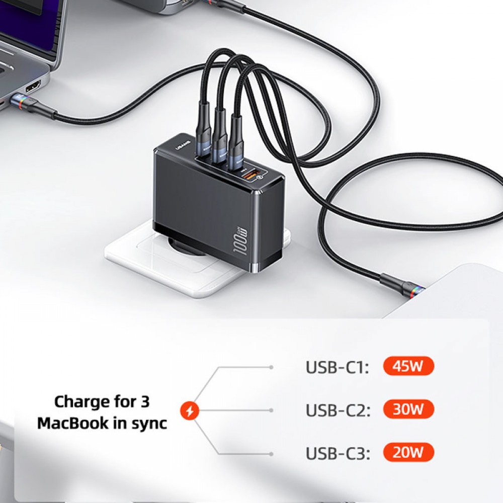 СЗУ Usams US-CC163 T50 100W 4 Ports ACCC GaN Fast Charger