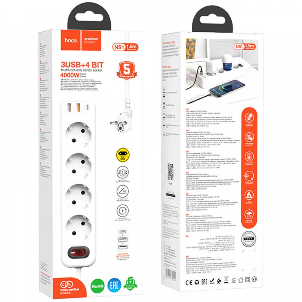 Удлинитель Hoco NS1 Aura PD20W (2USB/1Type-C/4xSocket)
