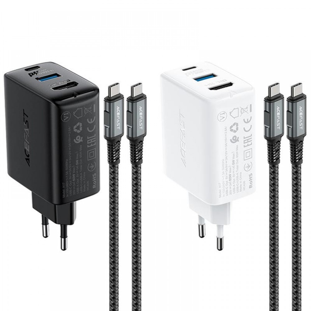 СЗУ Acefast A17 PD65W GaN (1USB-A/1C/1HDMI) + кабель Type-C to Type-C