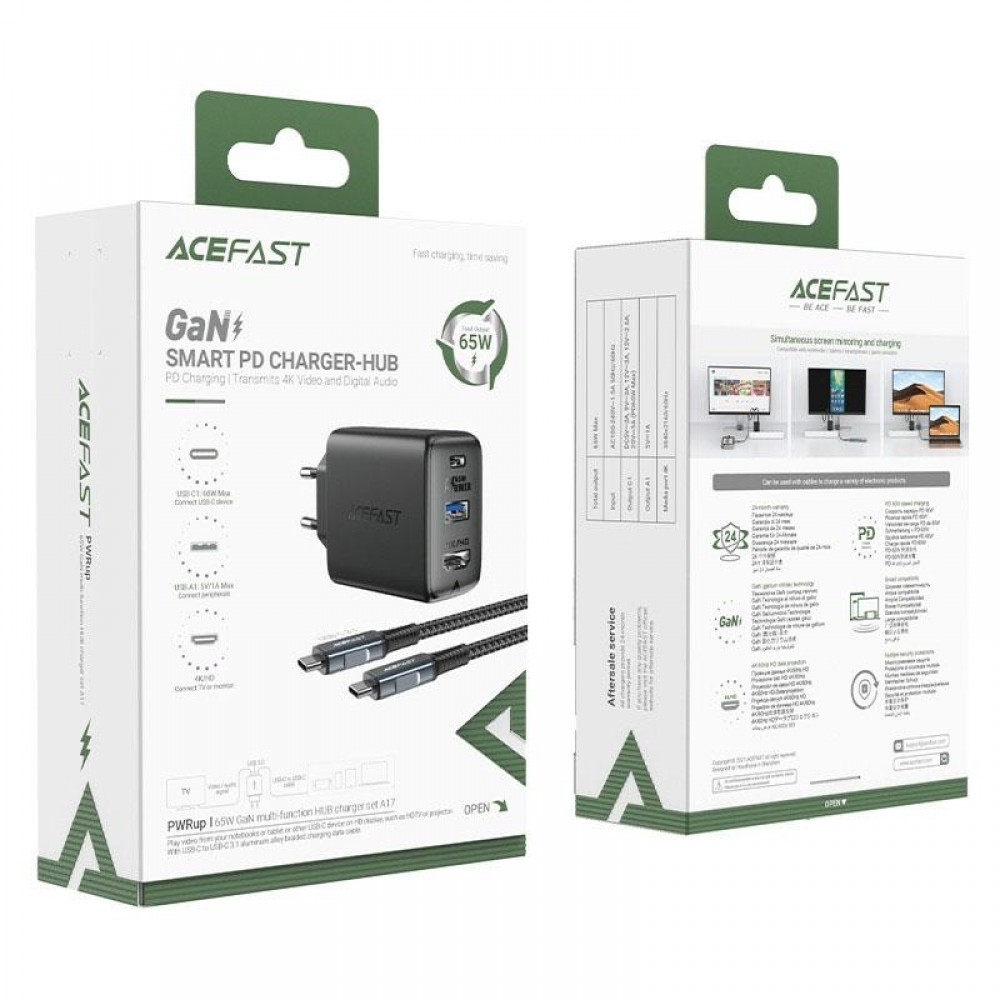 СЗУ Acefast A17 PD65W GaN (1USB-A/1C/1HDMI) + кабель Type-C to Type-C