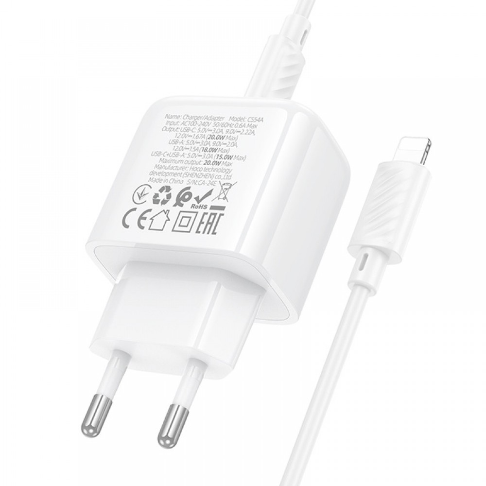 СЗУ Hoco CS54A Surplus PD20W+QC3.0 (1USB-A/1C) + кабель Type-C to Lightning