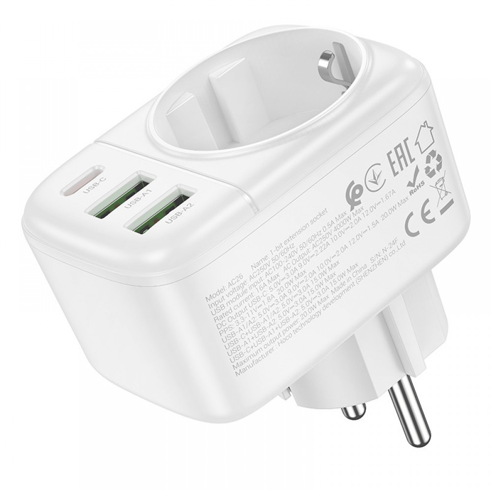 МЗП Hoco AC26 Changer Outlet Extender 20W (2USB-A/1C/1Socket)