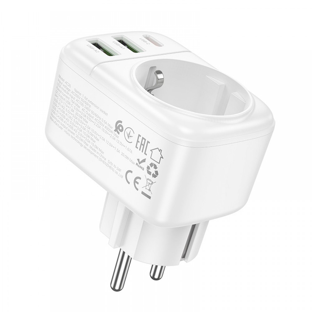 МЗП Hoco AC26 Changer Outlet Extender 20W (2USB-A/1C/1Socket)