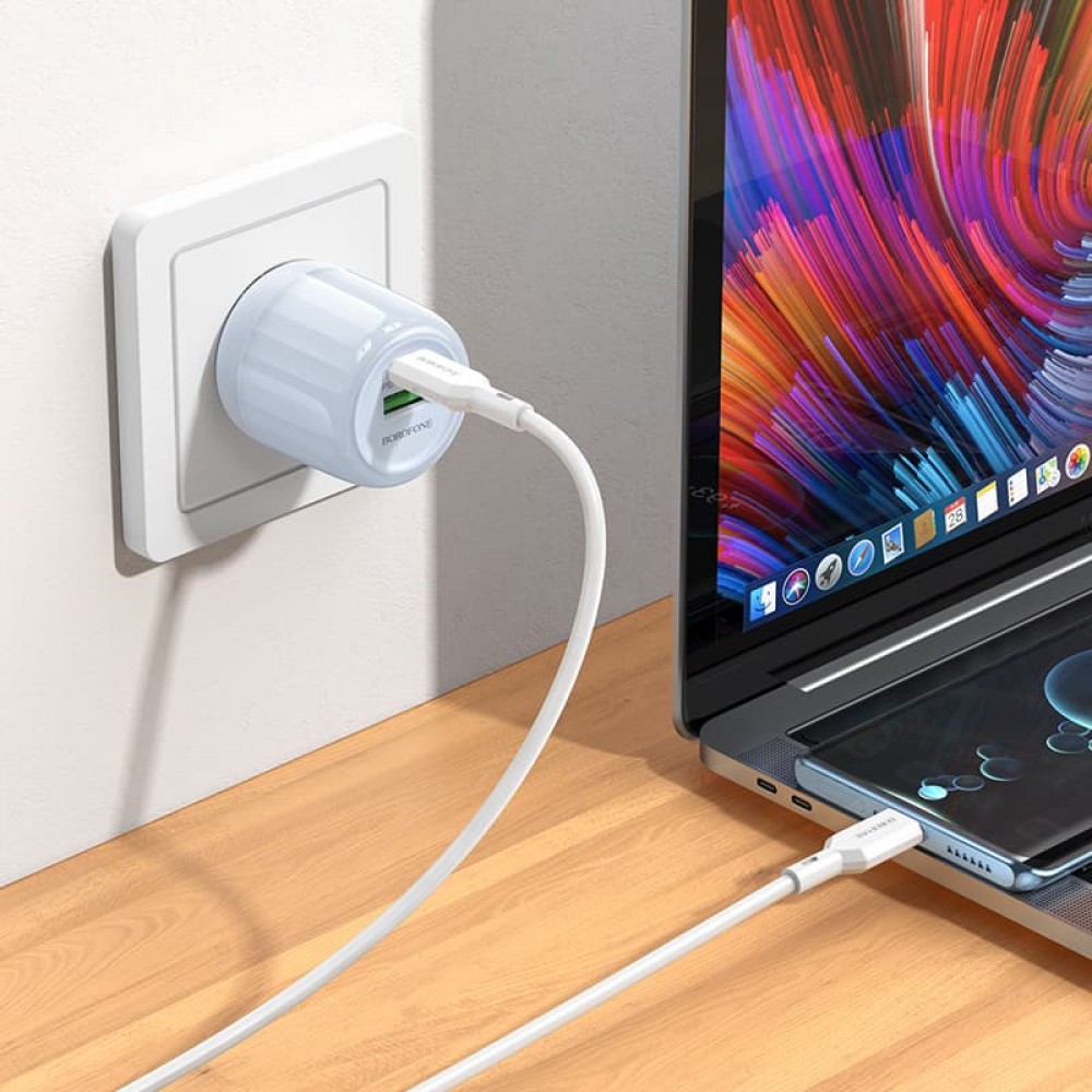 СЗУ Borofone BA93A Lustrous PD20W+QC3.0 (1USB-A/1C) + кабель Type-C to Lightning