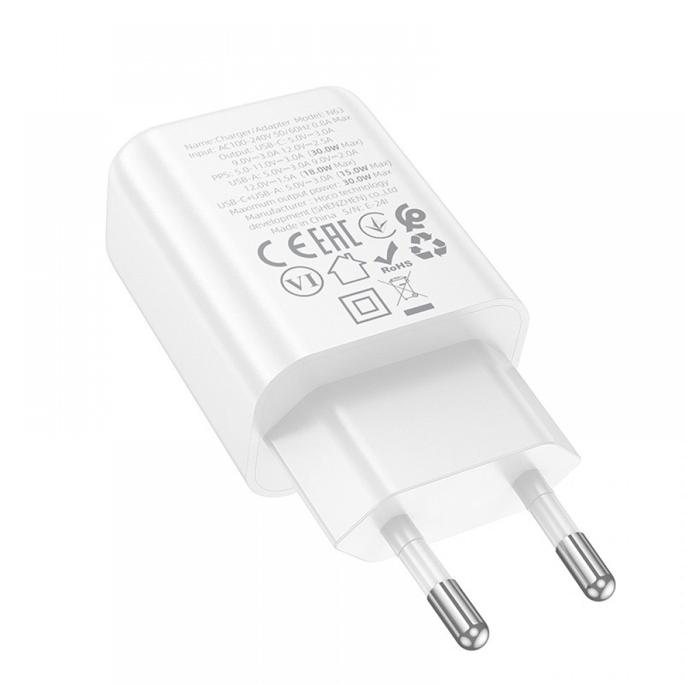 СЗУ Hoco N63 Gentle PD30W+QC3.0 (1USB-A/1C) + кабель Type-C to Lightning СЗУ Hoco N63 Gentle PD30W+QC3.0 (1USB-A/1C) + кабель Type-C to Lightning