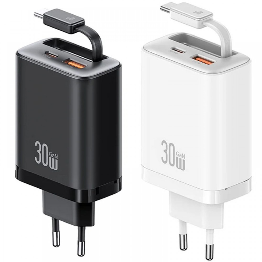 СЗУ Usams US-CC296 GaN With Retractable Type-C Cable Xiang Ser. 30W (1USB-A/1C)