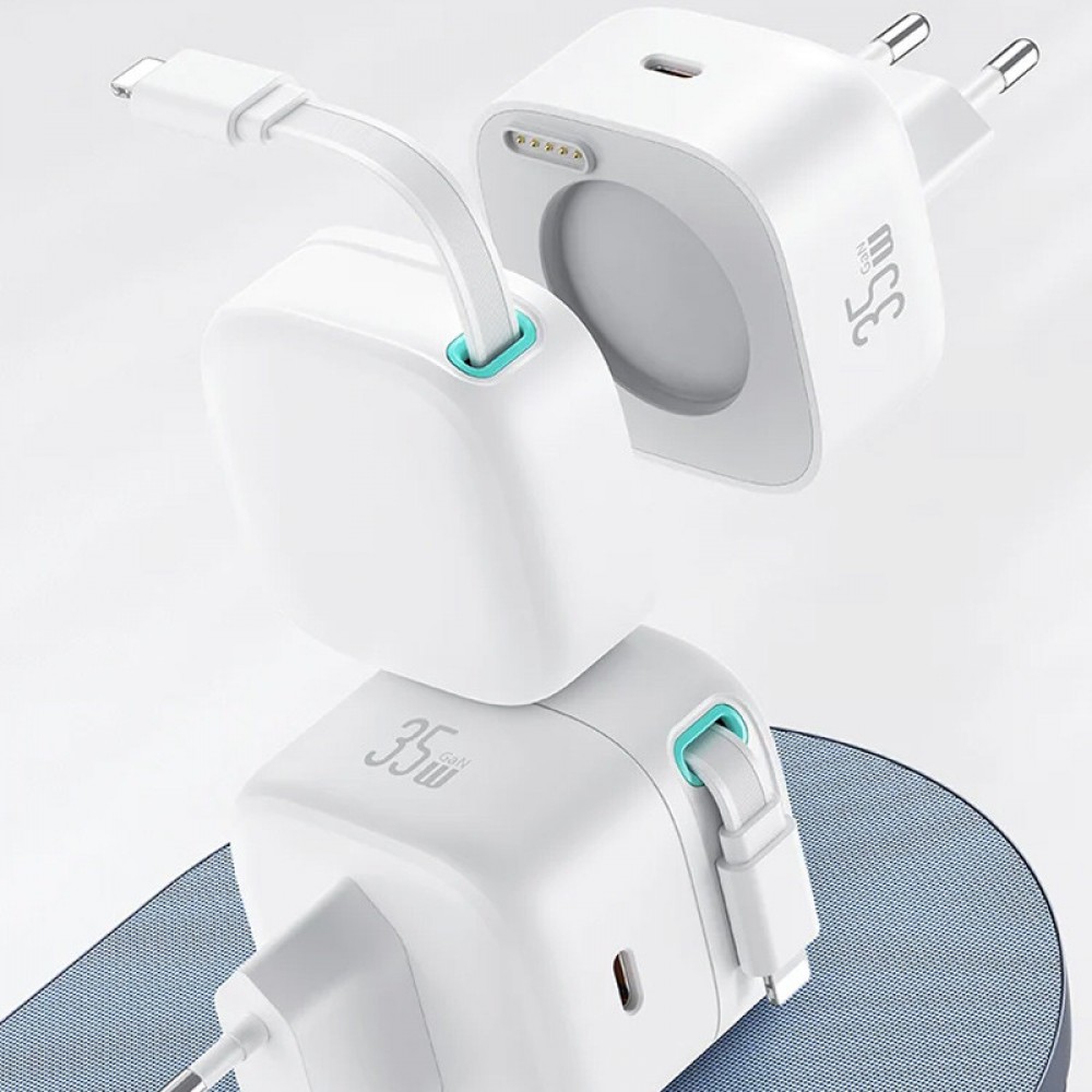 СЗУ Usams US-CC209 GaN With Lightning Magnetic Retractable Cable Module XMF Ser. 35W (2USB-C)