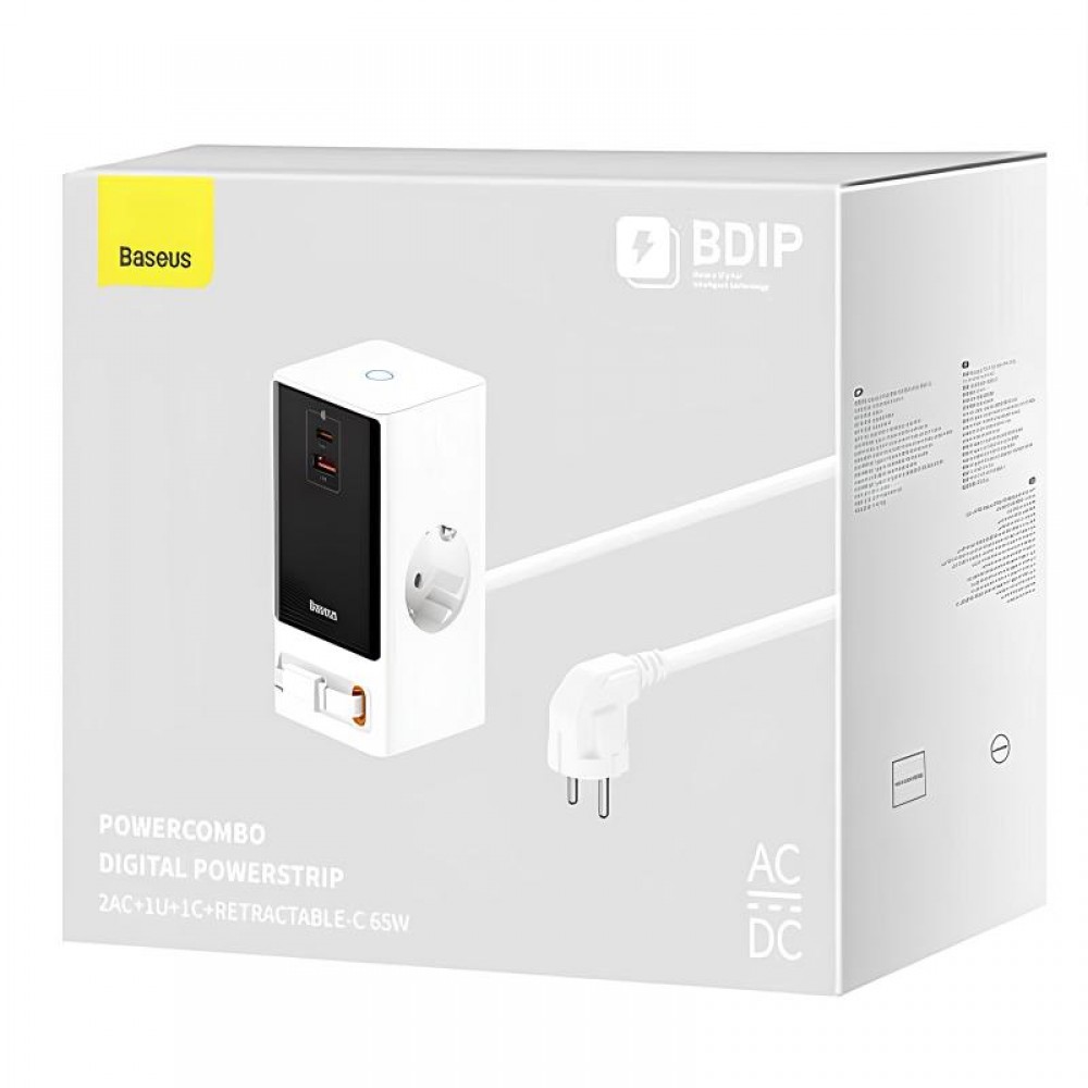 МЗП Baseus OS PowerCombo Digital PowerStrip+Retractable-C 65W (1USB-A/1C/2Socket) (1.5m) (PSLR000)