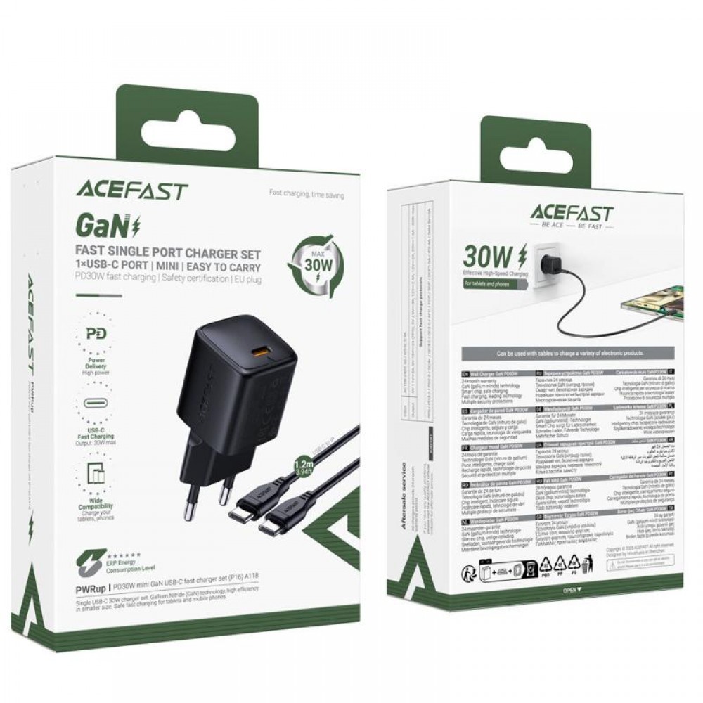 СЗУ Acefast A118 PD30W GaN (1USB-C) + кабель Type-C to Type-C