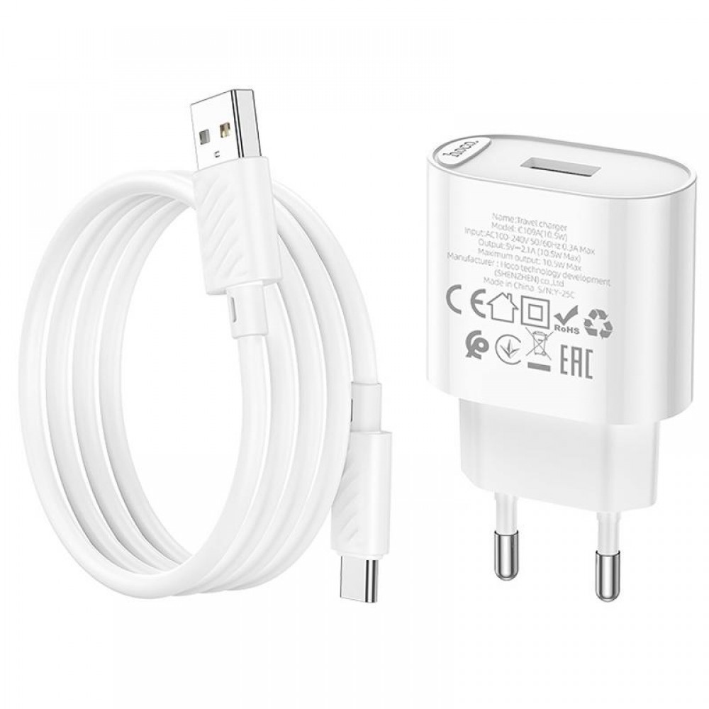 СЗУ Hoco C109A Fighter 10.5W (1USB-A) + кабель USB to Type-C
