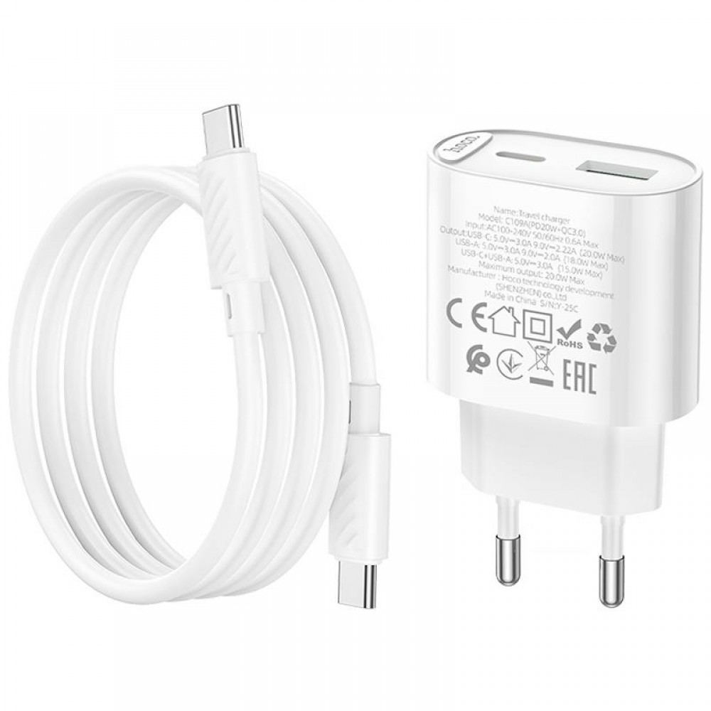МЗП Hoco C109A Fighter PD20W+QC3.0 (1USB-A/1C) + кабель Type-C to Type-C