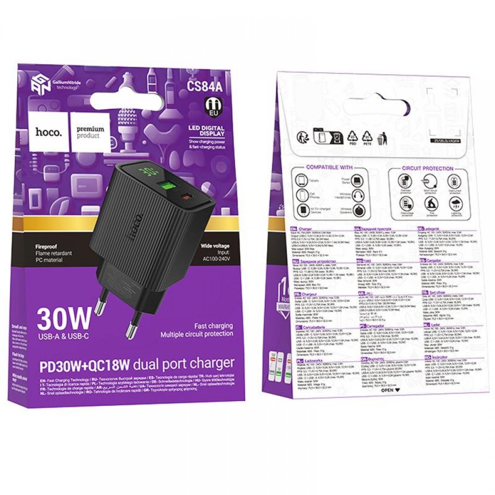 СЗУ Hoco CS84A Excellent with digital display PD30W+QC3.0 (1USB-A/1C)