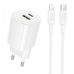 СЗУ Borofone BA104A Pudding PD20W+QC3.0 (1USB-A/1C) + кабель Type-C to Lightning