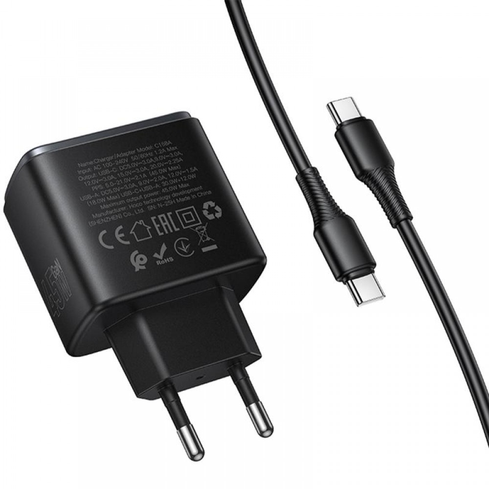 СЗУ Hoco C158A Upgrade PD45W (1USB-A/1C) + кабель Type-C to Type-C