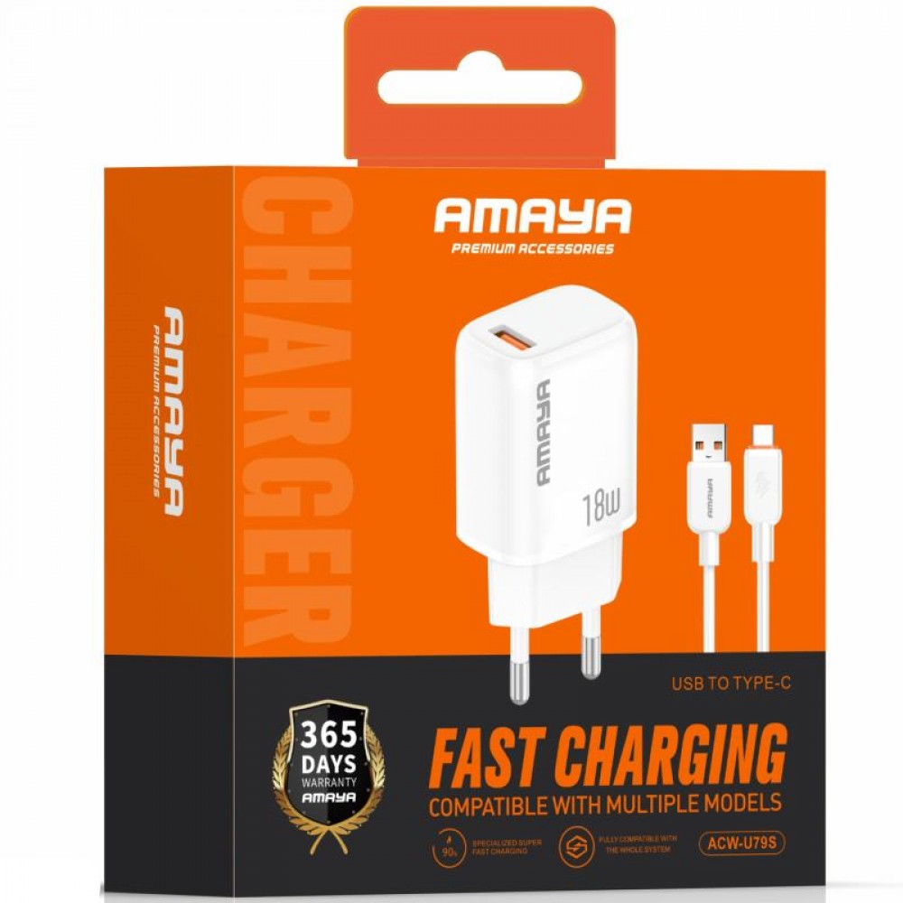 СЗУ Amaya U79S QC3.0 18W (1USB-A) + кабель USB to Type-C