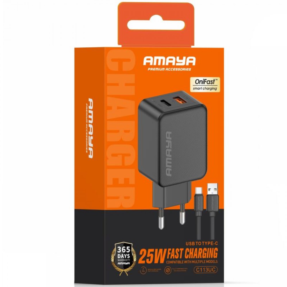 СЗУ Amaya E113UC PD25W+QC3.0 (1USB-A/1C) + кабель USB to Type-C