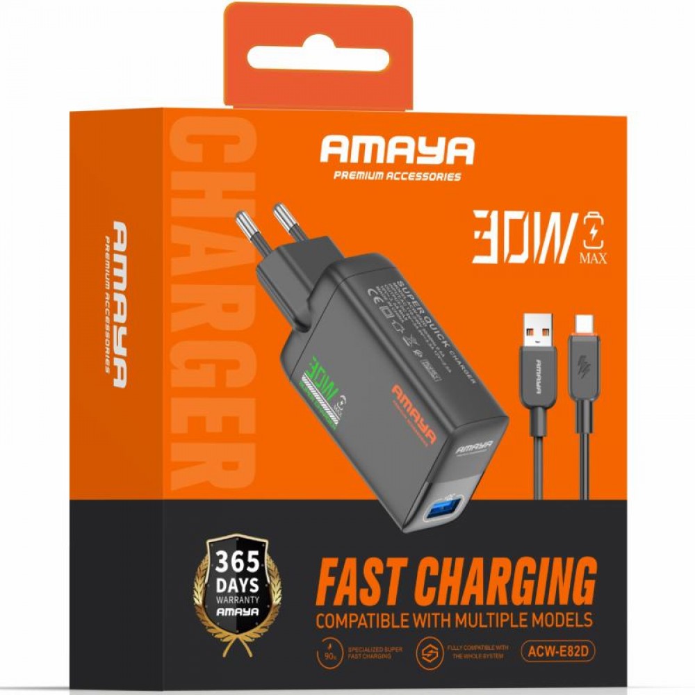 СЗУ Amaya E82D QC3.0 30W (1USB-A) + кабель USB to Type-C
