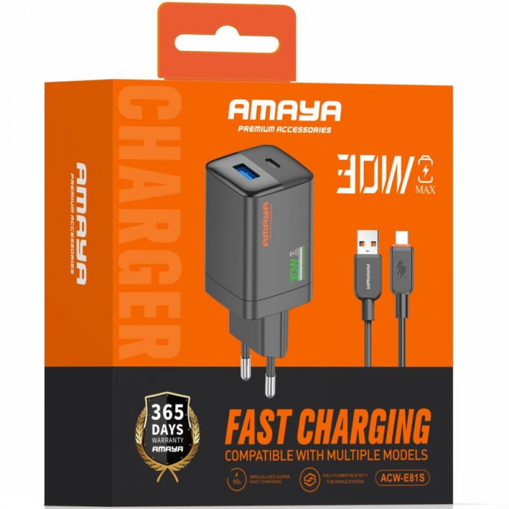 СЗУ Amaya E81S PD30W+QC3.0 (1USB-A/1C) + кабель USB to Type-C