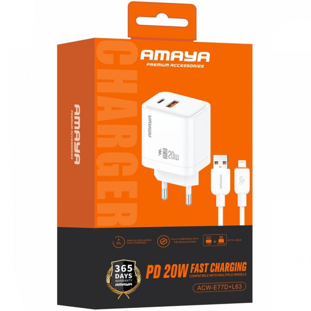 СЗУ Amaya E77D PD20W+QC3.0 (1USB-A/1C) + кабель USB to Lightning