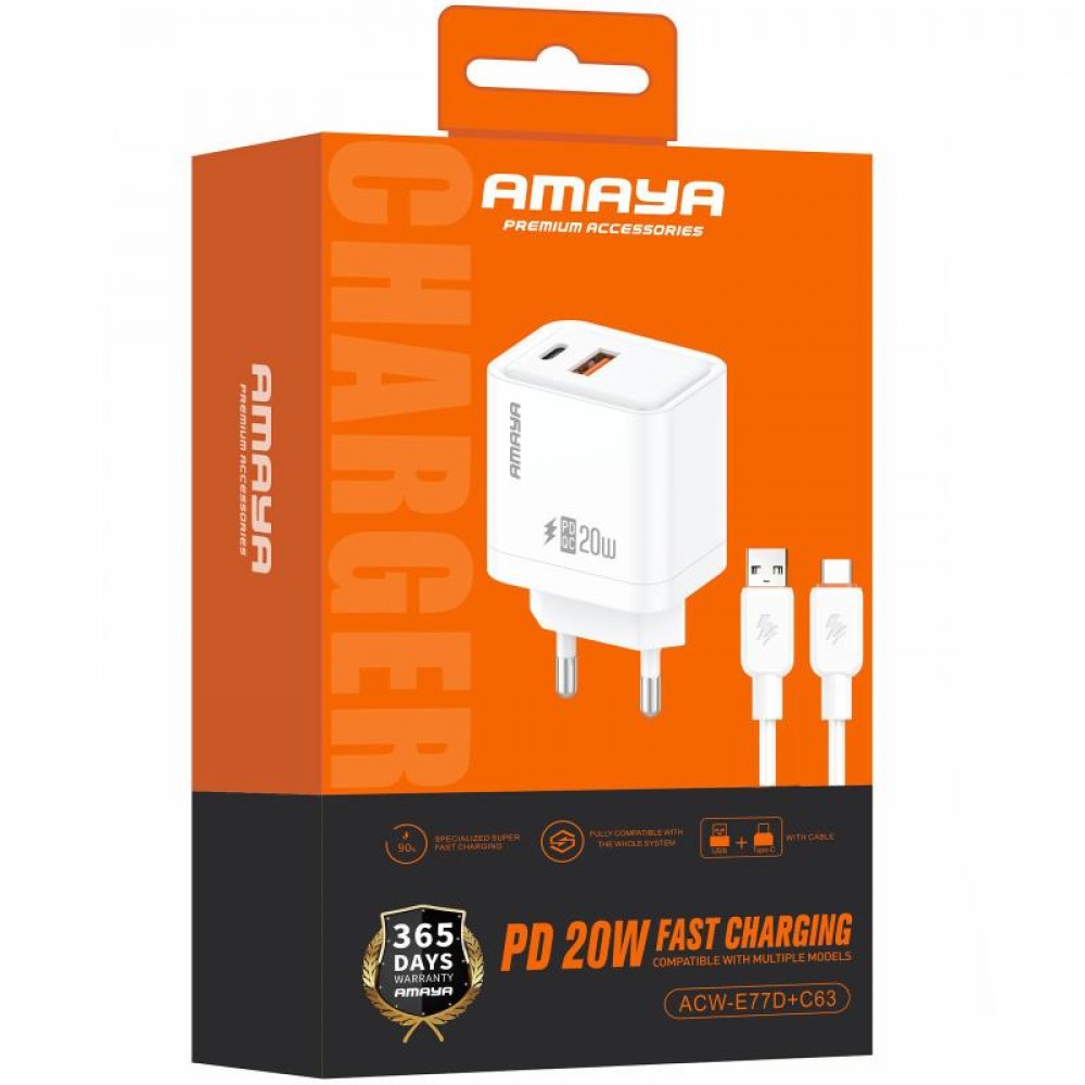 СЗУ Amaya E77D PD20W+QC3.0 (1USB-A/1C) + кабель USB to Type-C