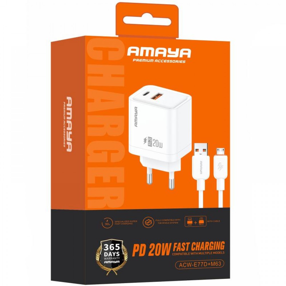 СЗУ Amaya E77D PD20W+QC3.0 (1USB-A/1C) + кабель USB to MicroUSB
