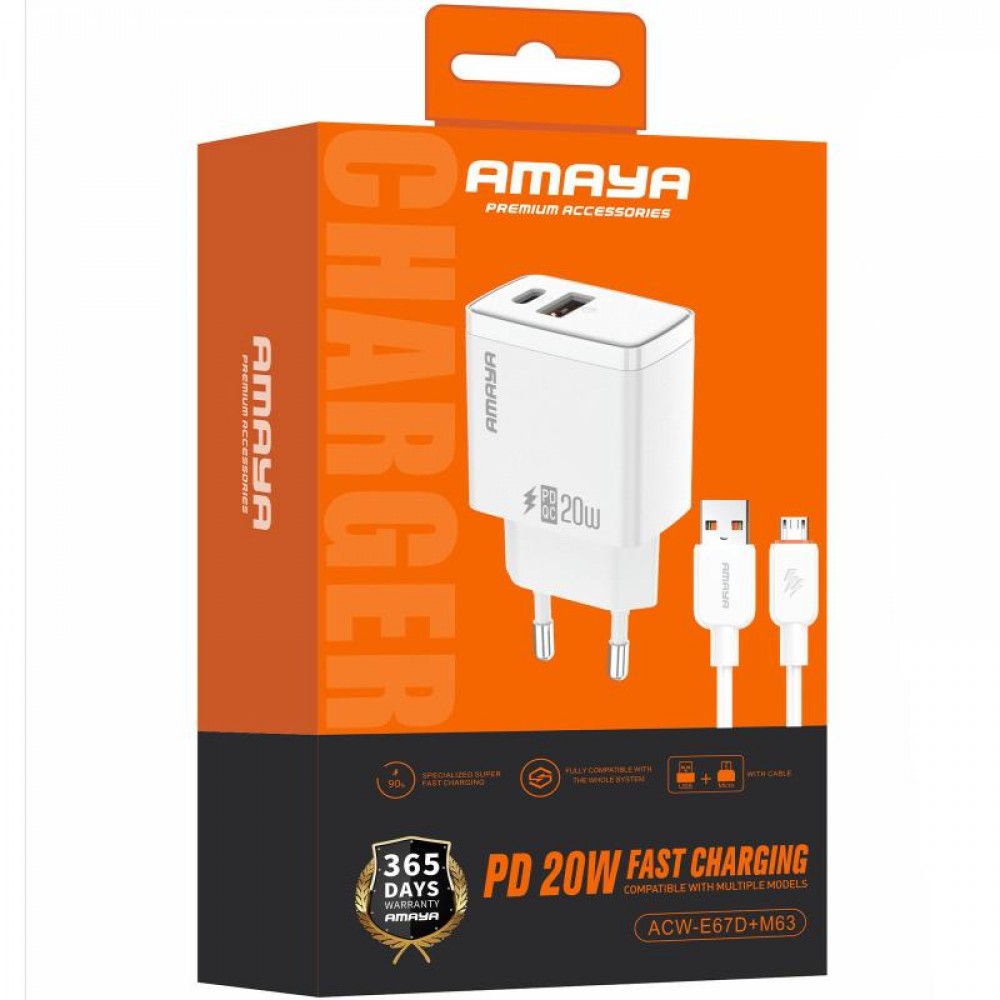 СЗУ Amaya E67D PD20W+QC3.0 (1USB-A/1C) + кабель USB to MicroUSB