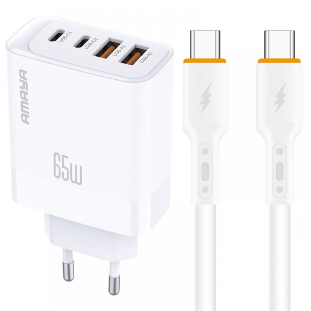 СЗУ Amaya E101F PD65W+QC3.0 GaN (2USB-A/2C) + кабель Type-C to Type-C