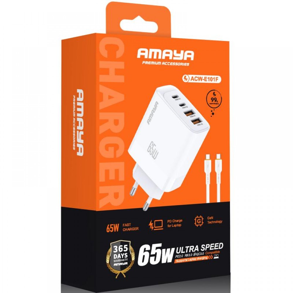 СЗУ Amaya E101F PD65W+QC3.0 GaN (2USB-A/2C) + кабель Type-C to Type-C