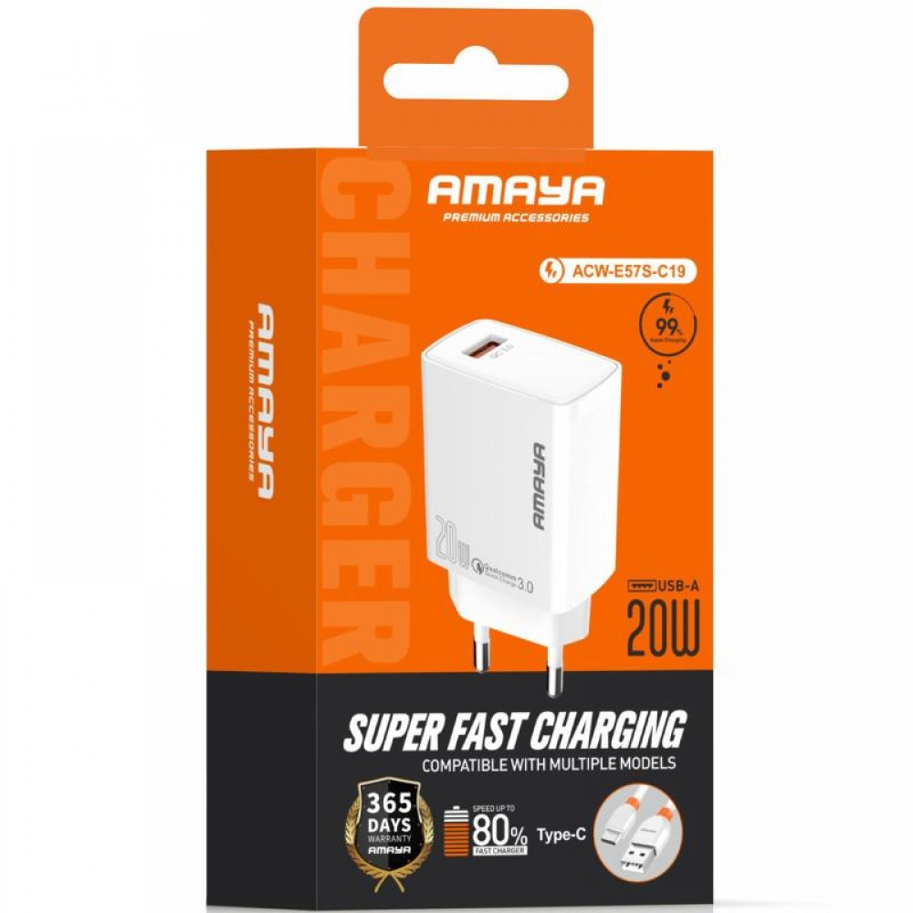 СЗУ Amaya E57S QC3.0 20W (1USB-A) + кабель USB to Type-C