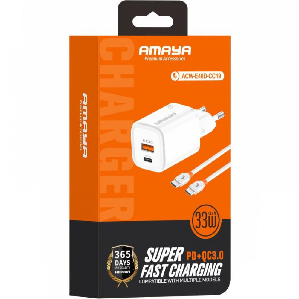 СЗУ Amaya E48D PD33W+QC3.0 (1USB-A/1C) + кабель Type-C to Type-C