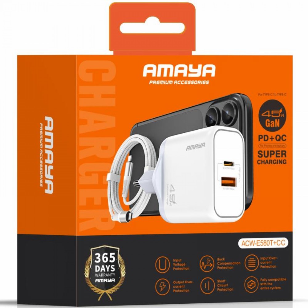 СЗУ Amaya E580T PD45W+QC3.0 GaN (1USB-A/1C) + кабель Type-C to Type-C