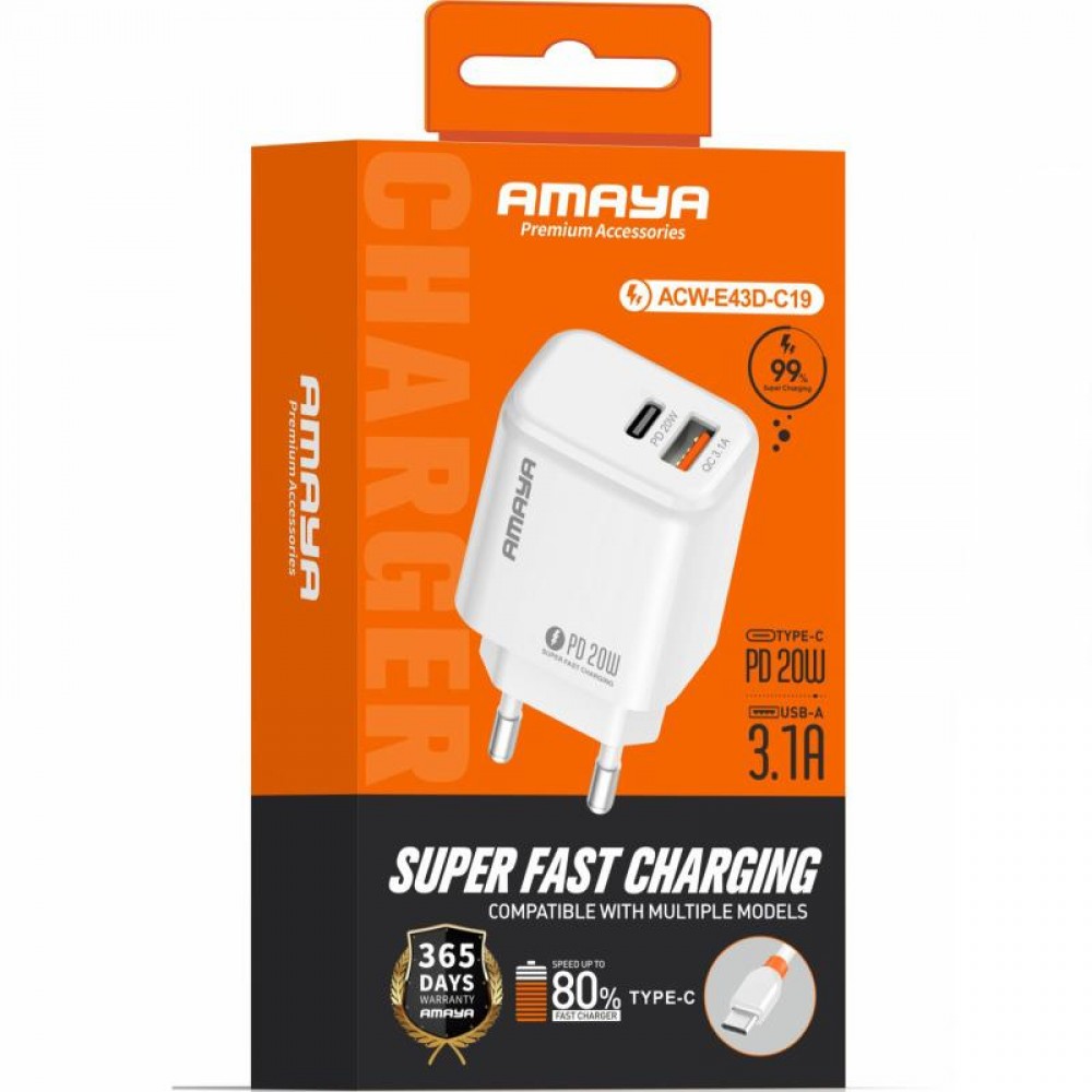 СЗУ Amaya E43D PD20W (1USB-A/1C) + кабель USB to Type-C
