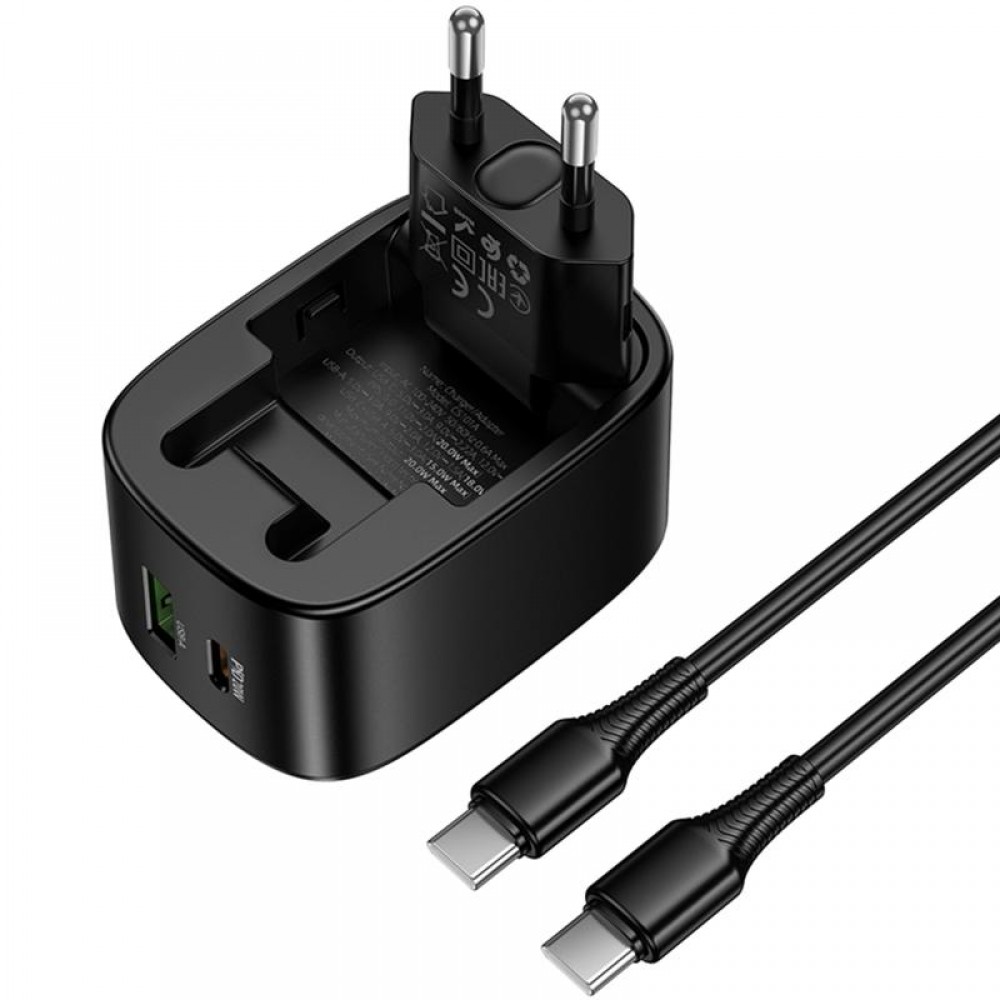 СЗУ Hoco CS102A Folding PD30W+QC3.0 (1USB-A/1C) + кабель Type-C to Type-C