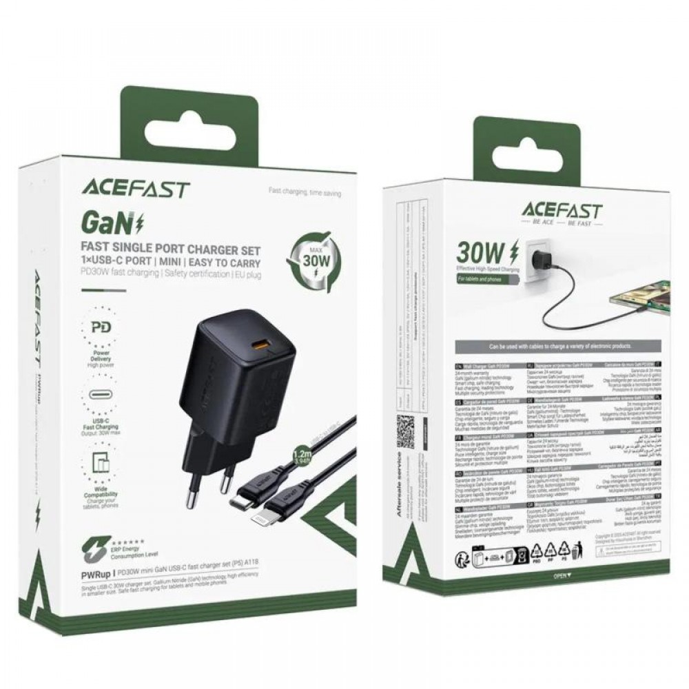 СЗУ Acefast A118 PD30W GaN (1USB-C) + кабель Type-C to Lightning