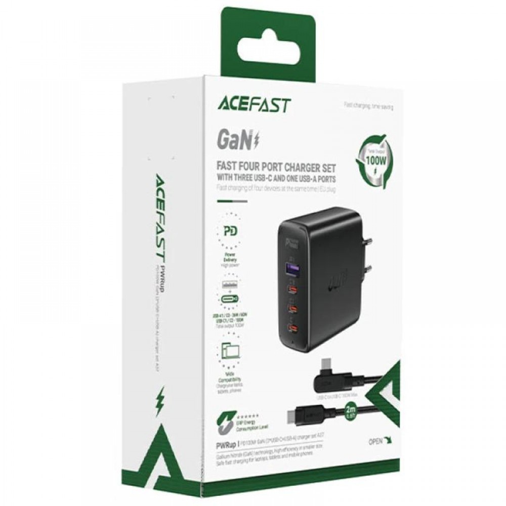 СЗУ Acefast A37 PD100W+QC3.0 GaN (1USB-A/3C) + кабель Type-C to Type-C 2m
