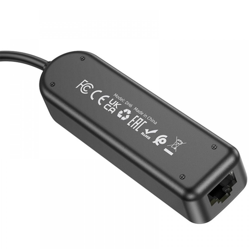 Перехідник Borofone DH6 Erudite 4in1 Gigabit Ethernet (USB to USB3.0*3+RJ45) (0.2m)