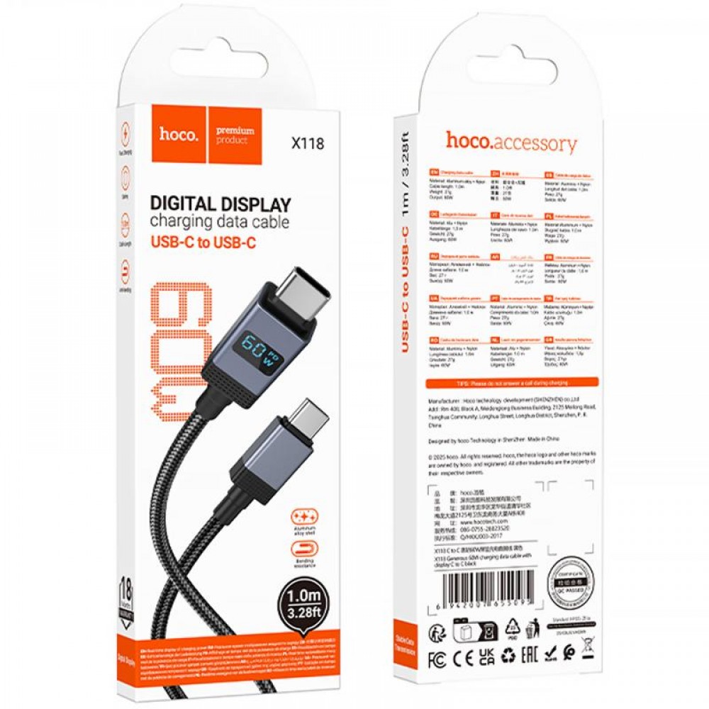 Дата кабель Hoco X118 Generous with display Type-C to Type-C 60W (1m) Дата кабель Hoco X118 Generous with display Type-C to Type-C 60W (1m)