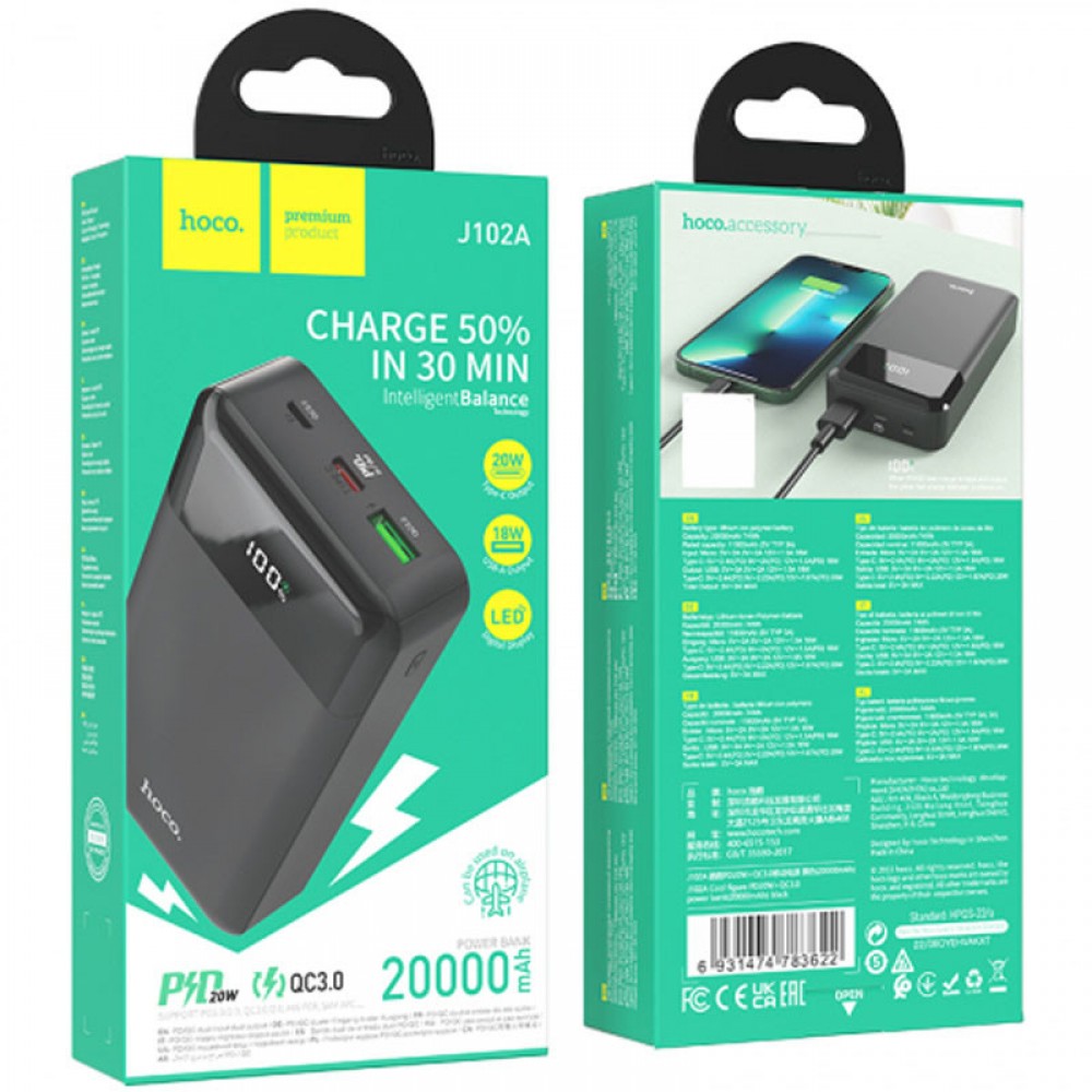 Портативное ЗУ Power Bank Hoco J102A Cool figure PD20W+QC3.0 20000 mAh