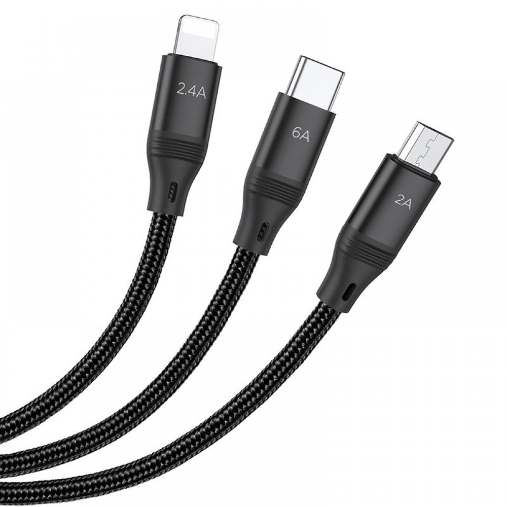 Дата кабель Hoco U104 Ultra 6A 3in1 Lightning-MicroUSB-Type-C (1.2m) Дата кабель Hoco U104 Ultra 6A 3in1 Lightning-MicroUSB-Type-C (1.2m)