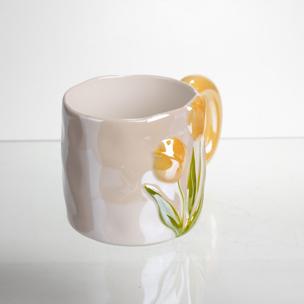 Новогодняя фарфоровая чашка для чая и кофе "Нежный Тюльпан" с 3D декором 400 мл, праздничная кружка чашка на подарок Оранжевый FM-40B