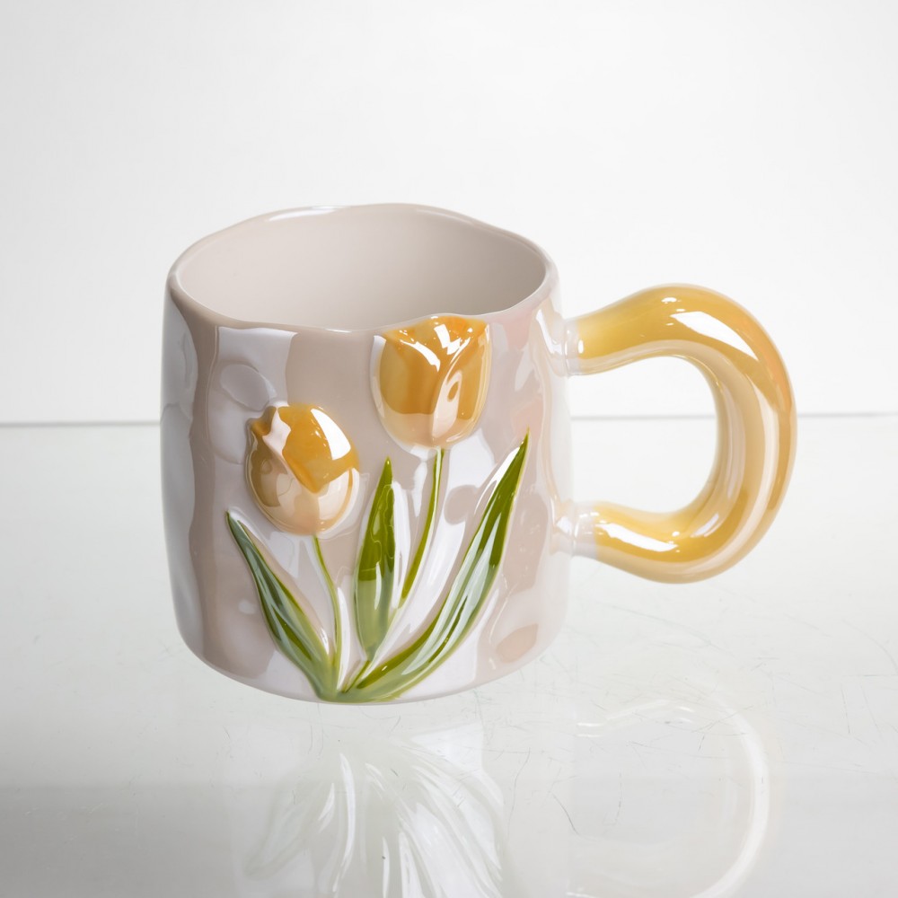 Новогодняя фарфоровая чашка для чая и кофе "Нежный Тюльпан" с 3D декором 400 мл, праздничная кружка чашка на подарок Оранжевый FM-40B