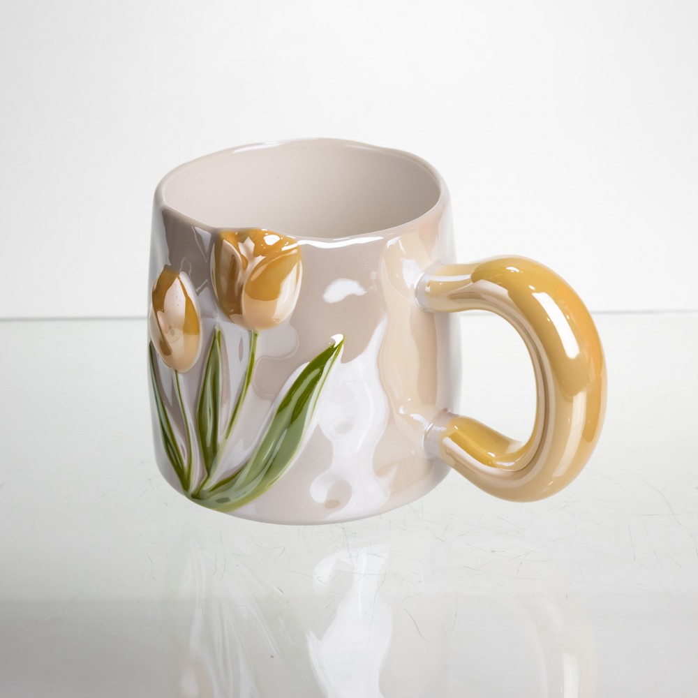 Новогодняя фарфоровая чашка для чая и кофе "Нежный Тюльпан" с 3D декором 400 мл, праздничная кружка чашка на подарок Оранжевый FM-40B