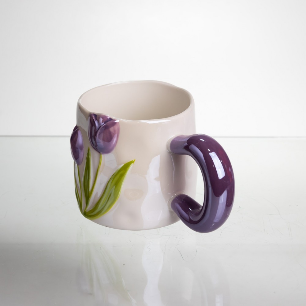 Новогодняя фарфоровая чашка для чая и кофе "Нежный Тюльпан" с 3D декором 400 мл, праздничная кружка чашка на подарок Фиолетовый FM-40C