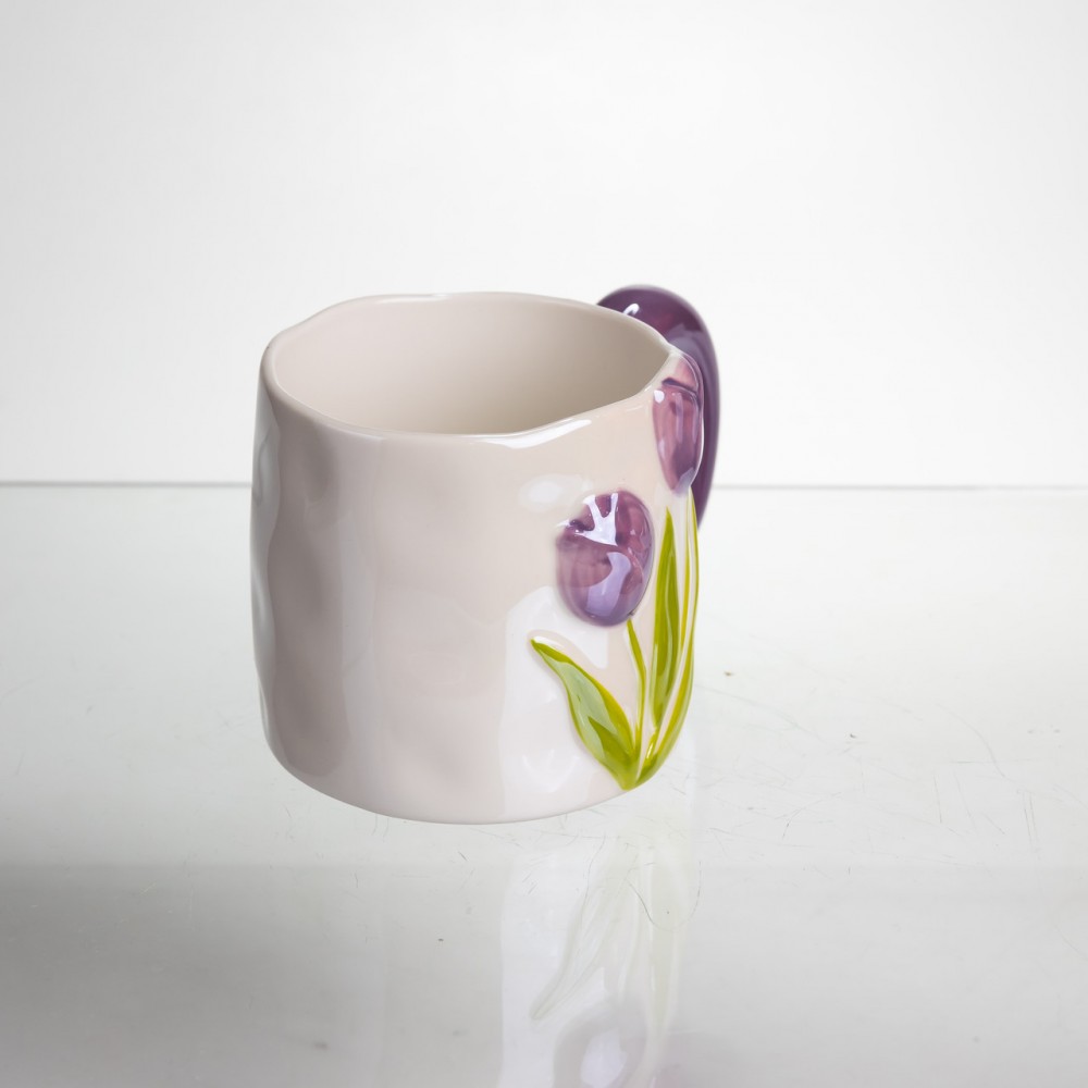 Новогодняя фарфоровая чашка для чая и кофе "Нежный Тюльпан" с 3D декором 400 мл, праздничная кружка чашка на подарок Фиолетовый FM-40C