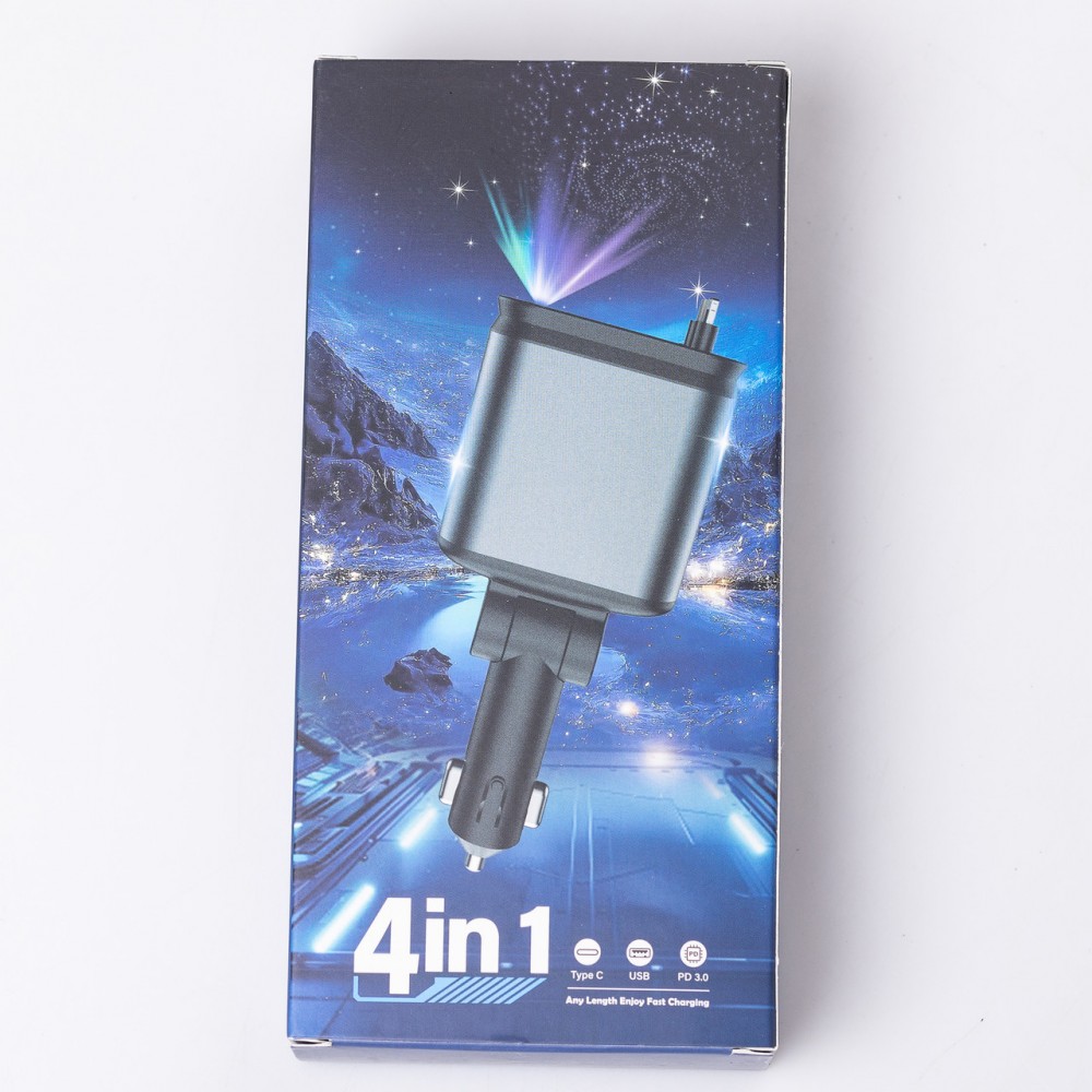 Автомобильное зарядное устройство LED-проекция, с быстрой зарядкой и выдвижными кабелями Apple Lightning/USB-С