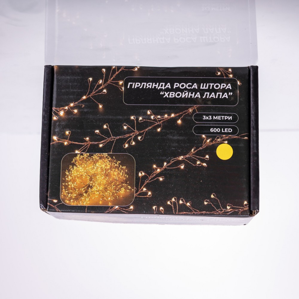 Новогодняя гирлянда комнатная штора роса Хвойная лапа 3х3 м 600 LED Желтый свет D600LED3MY