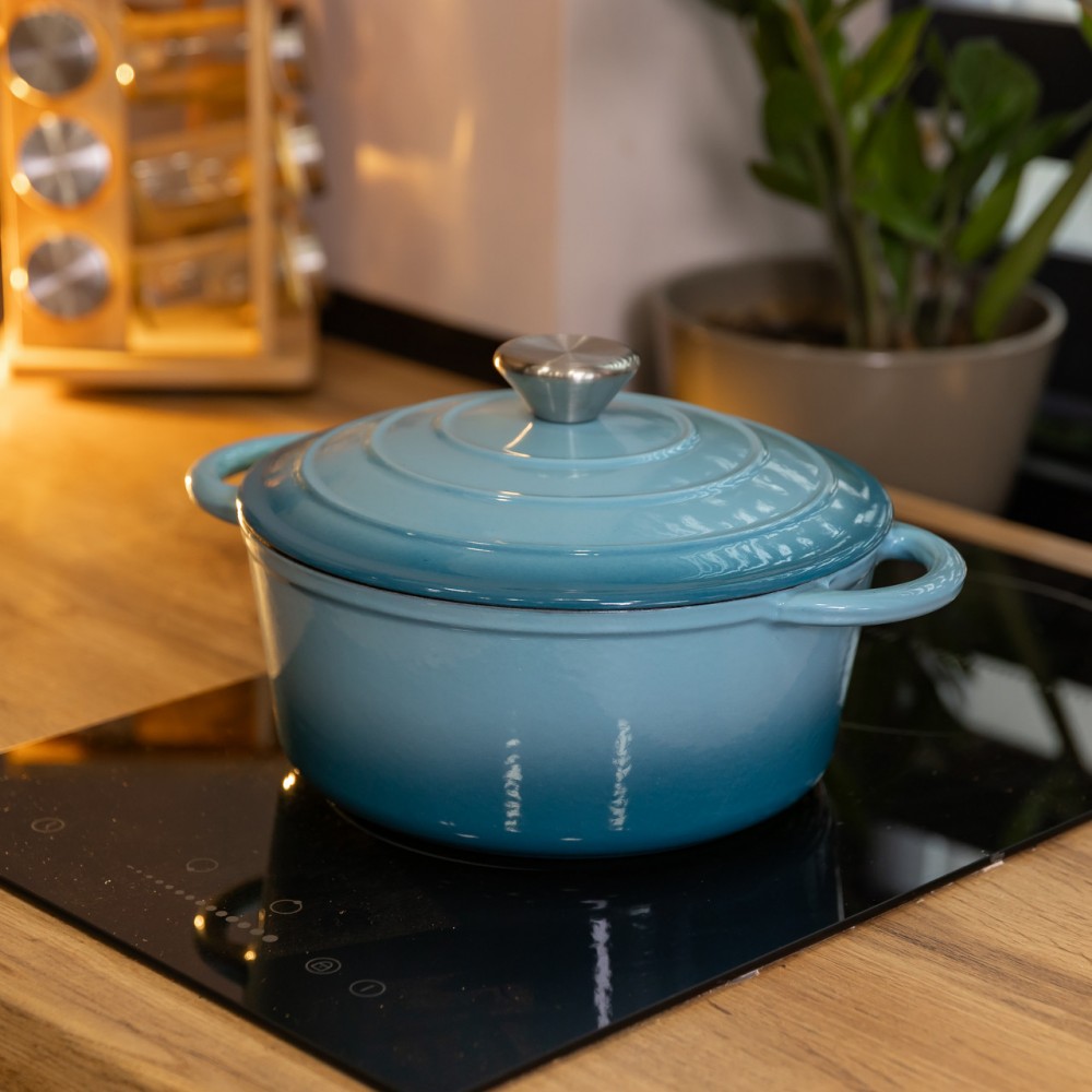 Кастрюля чугунная 2.5 л эмалированная с крышкой посуда для тушения запекания томления кухонная Синяя HP-1-14-BLUE