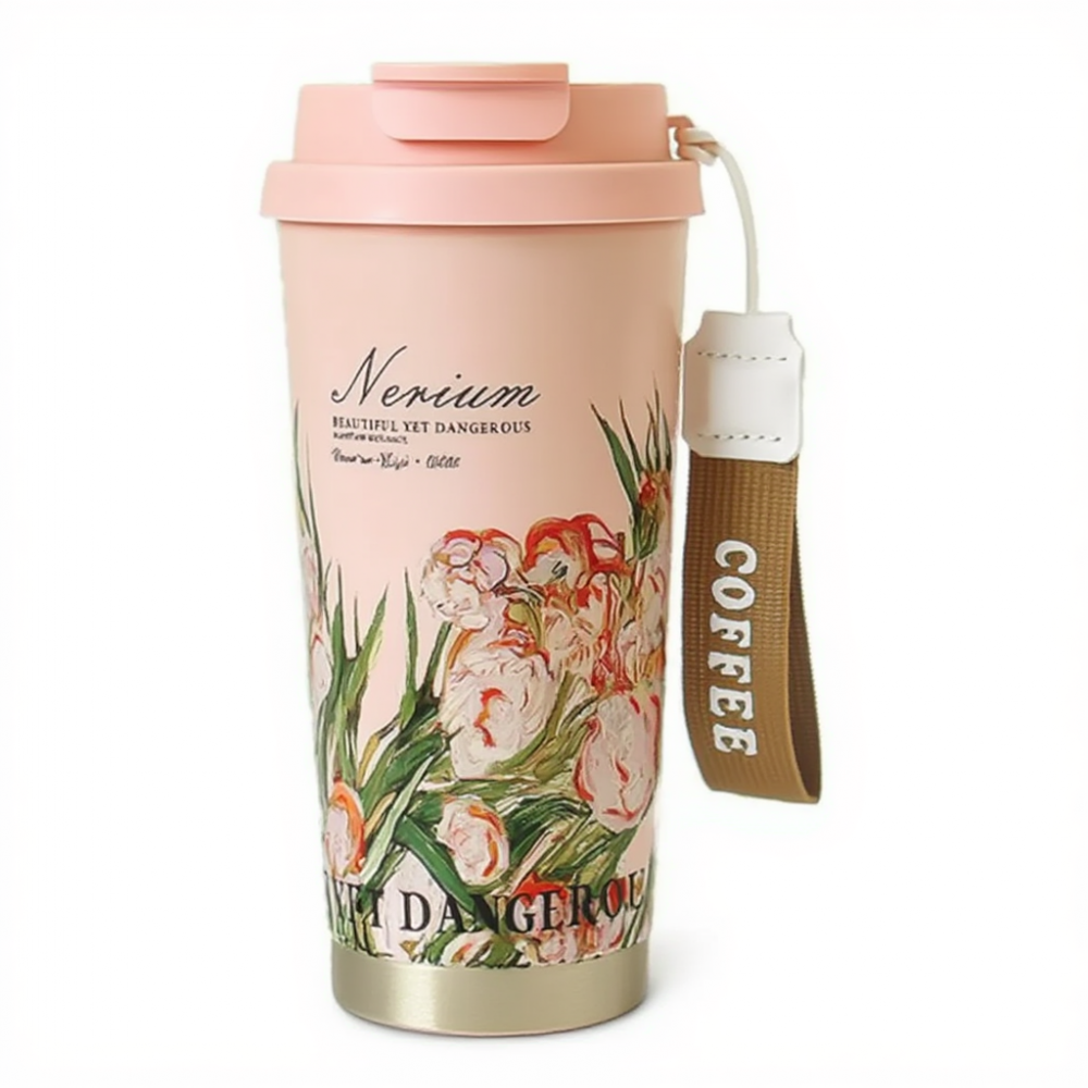 Термочашка 520 мл с отверстием для трубочки и двойным открыванием розовый HP-FM-352-2